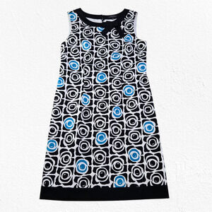 Y2K Tahari Arthur S Levine Black White Blue Geometric Floral Sheath Dress Size 6